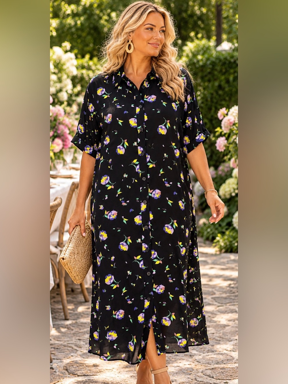 Lane Bryant 18/20 XXL Black Floral Midi Shirt Dress Button Front Short Sleeve